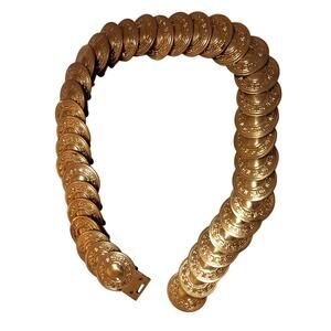 Vtg. Boho Festival Gold Tone Medallion Coin Stretch Metal Belt Greek Key Design